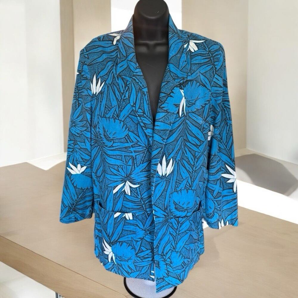 Vintage Women’s White Stag Blue Palm Tree Blazer 1980s Retro Vacation Tropical L
